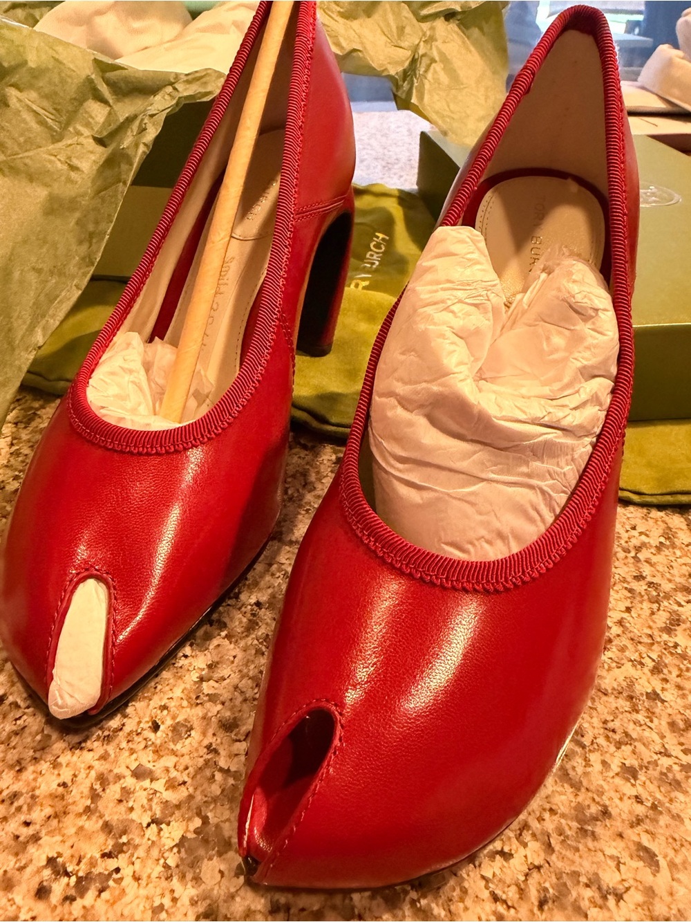 Tory Burch Red Leather Open-Toe Block Heel Pumps
